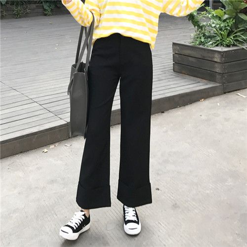 高腰九分大卷边休闲阔腿西装裤
